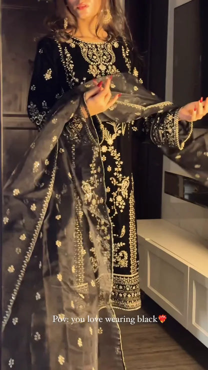 Black Velvet Opulence: Golden Zari Embroidery and Sheer Sparkle Dress
