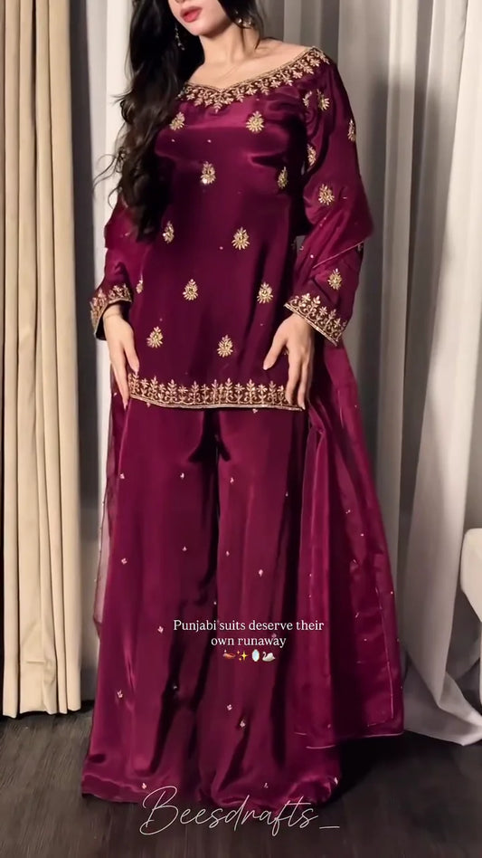 Regal Maroon and Gold: The Lustrous Punjabi Sharara Set
