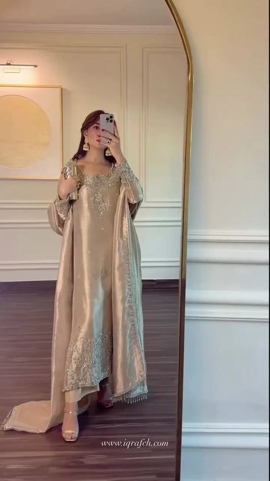 Shimmering Champagne: Intricate Silver Embellishment on Raw Silk