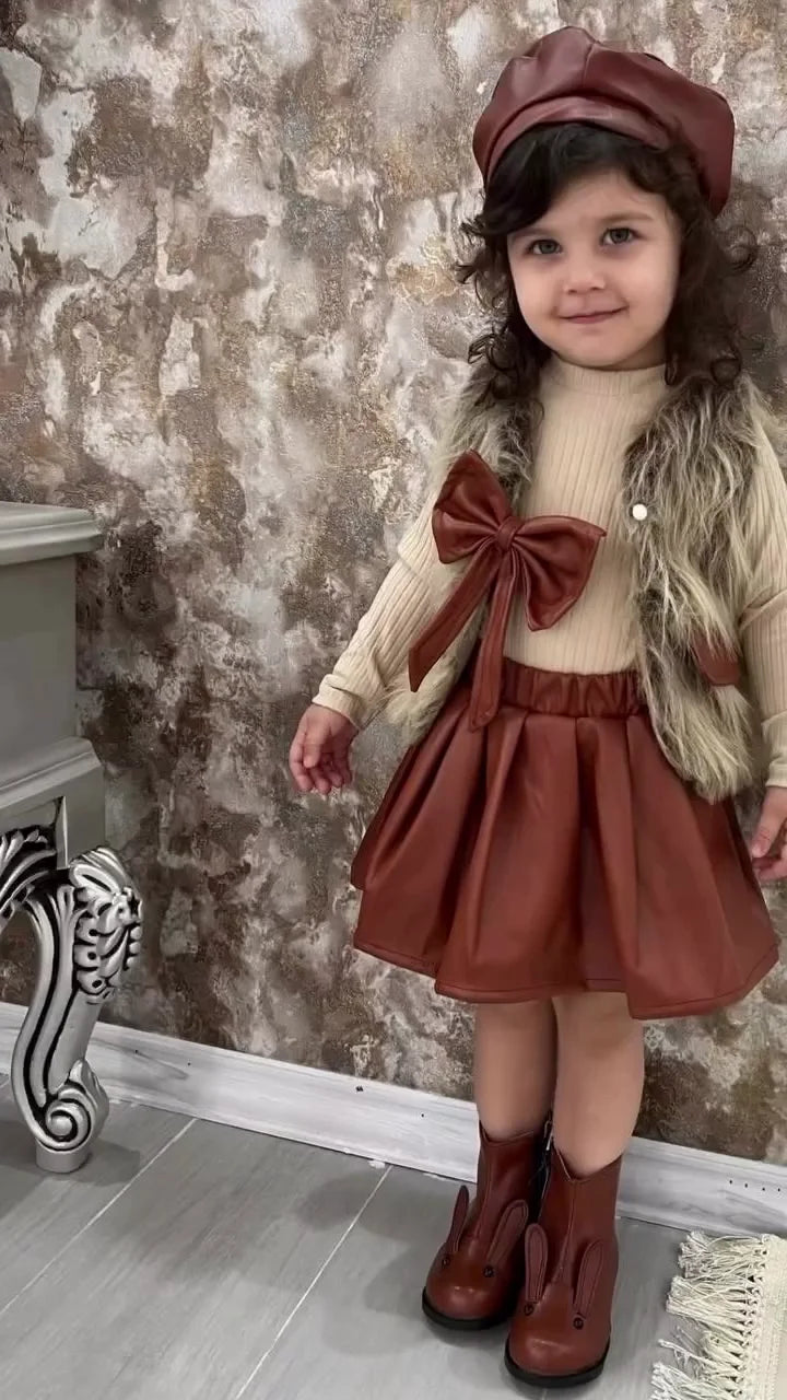 Kids’ Three-Piece Fall Fashion Set (Vest, Top, and Skirt)