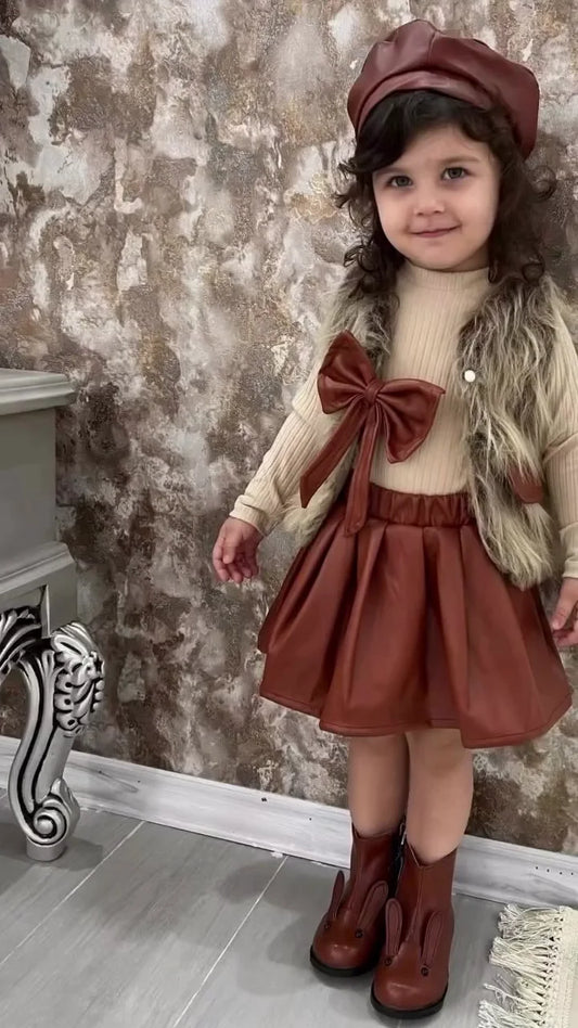 Kids’ Three-Piece Fall Fashion Set (Vest, Top, and Skirt)