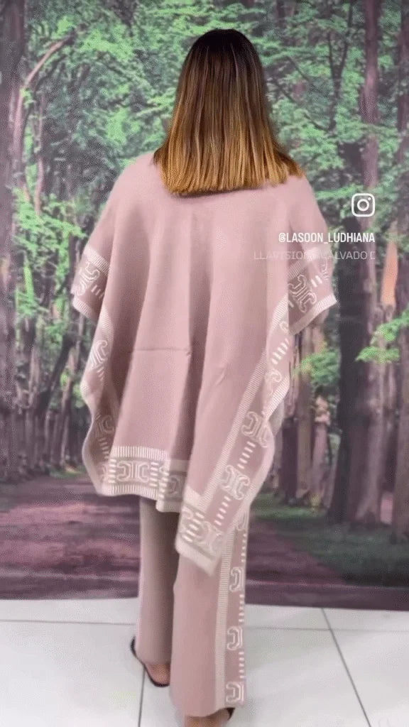 Dusty Rose Knit Poncho and Trouser Set