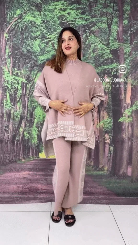 Dusty Rose Knit Poncho and Trouser Set