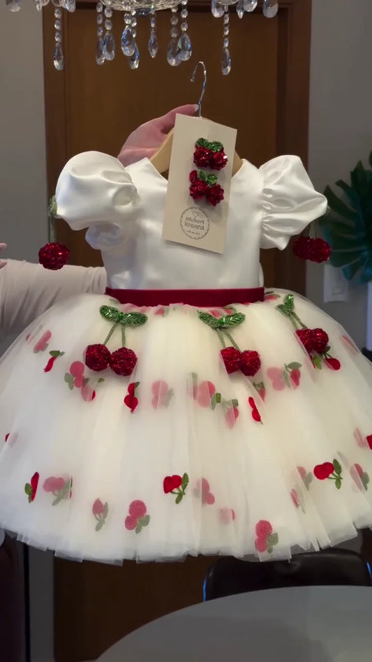Ruby Red Sparkle: Adorable Cherry Appliqué Gown