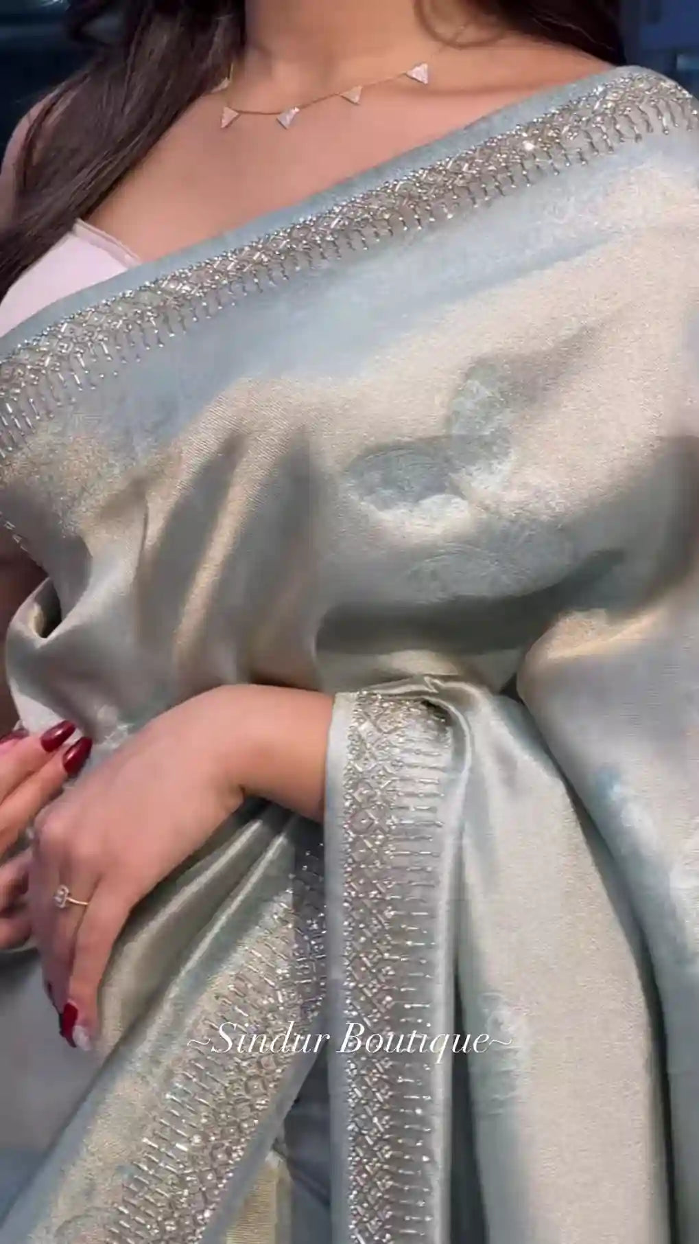 Elegant Sage Green Silk Saree with Sparkling Embellished Border