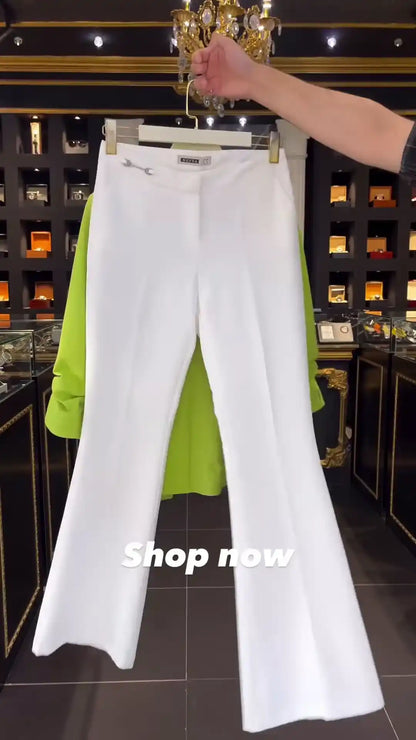 Vibrant Lime Green Blazer with Ruched Sleeves and Pearl Detail