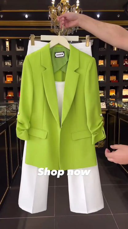 Vibrant Lime Green Blazer with Ruched Sleeves and Pearl Detail