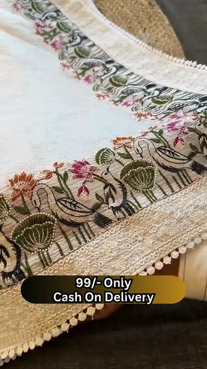 Elegant Off-White Saree with Floral and Bird Embroidered Border