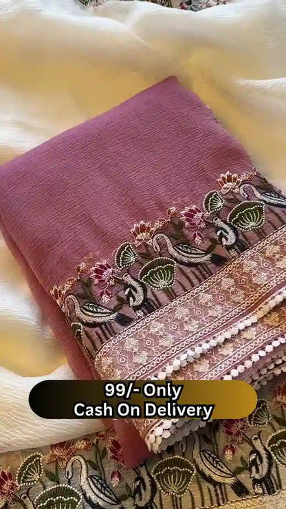 Elegant Off-White Saree with Floral and Bird Embroidered Border