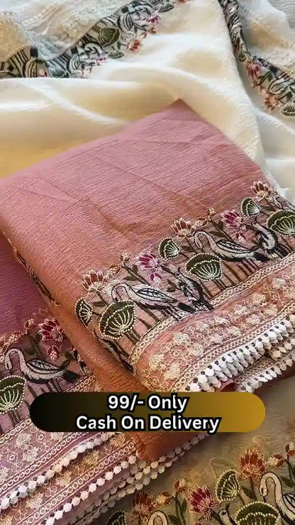 Elegant Off-White Saree with Floral and Bird Embroidered Border
